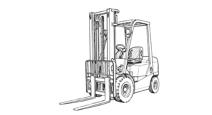 Gabelstapler-Illustration, detaillierte Strichzeichnung, Ausrüstungskonzept